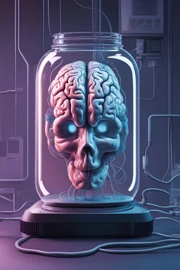 A magazine cover with a brain in a jar filled with liquid. The brain is connected with tons of wires, a gigantic cyberpunk like computer in the background, overall cold and dark color theme