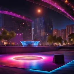 nice disco stage in city center with modern city in baground