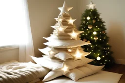 Mattresses on top of each other as a Christmas tree with star on top, make it dreamy magical feeling, creative, simple