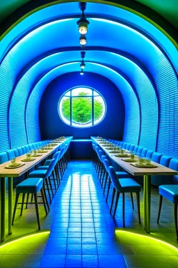 A restaurant whose outer walls are oval in shape, the color of the inside is blue, and its floor is light, with one large table in the middle of the restaurant in the shape of an oval, the length of which is 6 meters.