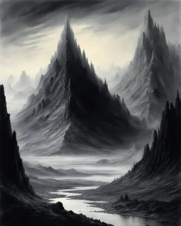 Drawing of a Mountain consisting of stalaktites, volcanic ash and cinder cones. concept art in the style of Alan lee, john howe, phillipe druilett and gustave doré.