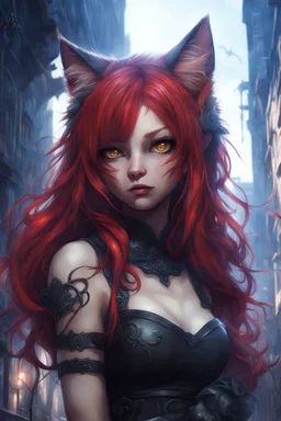 CAT GIRL, FANTASY, VINES, SOULLESS, FLUFFY TAIL, RED HAIR, METAL, CITY