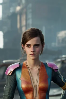 Emma Watson, full-length, in a swimsuit, cyberpunk 2077, photorealistic illustration, 4k