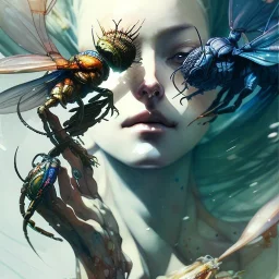 leaning pose, insects, nest, multiple eyes everywhere, watercolor illustration by <agnes cecile> <Yoji Shinkawa>,