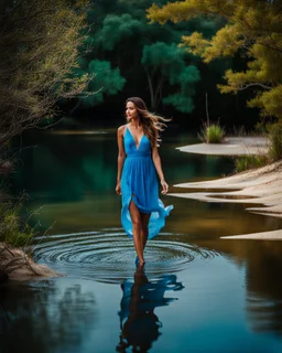 beautiful girl in pretty blue dress walking in water toward camera in trees next to wavy river with clear water and nice sands in floor.camera capture from her full body front