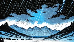 comic art graphic novel art, comic illustration, highly detailed A winter scene with snow-covered mountains under a heavy thunderstorm, dark clouds swirling above as flashes of lightning break through the snowfall.