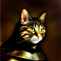 oil portrait of a cat with armor by Rembrandt 8k