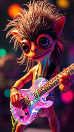 a hairy psychedelic charming muppet show squid gremlin rock star with space laser transparent prismatic guitar in the style of Escher, bokeh like f/0.8, tilt-shift lens 8k, high detail, smooth render, down-light, unreal engine, prize winning