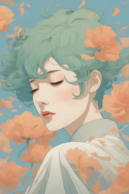 wind blowing from below, portrait of beautiful woman with short green hair, tears flowing upwards into the sky, loose lines, flowers, smoke, pastel orange and pastel blue, sense of liberation, concept art, art by james jean, takato yamamoto, 4k, concept art, illustrative