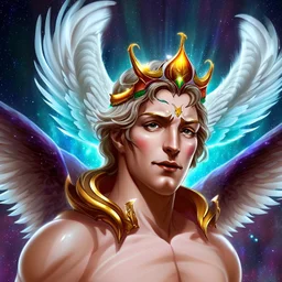 God-like man with infinite power who owns the galaxies and wears a beautiful crown, a jewel of diamonds and galaxies with weapons riding on a creature with an eagle head and eagle wings and eagle hands