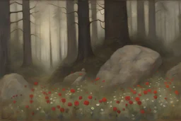 Cloudy day, flowers, rocks, forest, gothic horror influence, disturbing, people, mistery, hans am ende mpressionism paintings