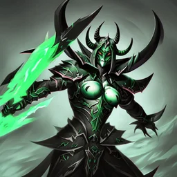 demonio de armadura verde y negra con cuernos con alas negras y con una lanza de fuego