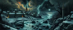 in the style of Rembrandt and Escher, storm During the Siege of Dorn, the city was lost, walls cracked under war and frost. A desperate mage called wild magic near, not to command it—but to let it hear. The spell went wrong in every way— the river reversed, then chose to stay. It flowed uphill through broken stone, and d