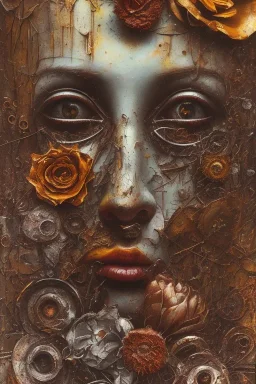 an abstract painting of rusted metal and flowers, by anselm kiefer and lucian freud, rust, scaffolding, iron cladding, decay, mixed media, textured, anatomically correct, beautiful perfect face, sharp focus, highly detailed