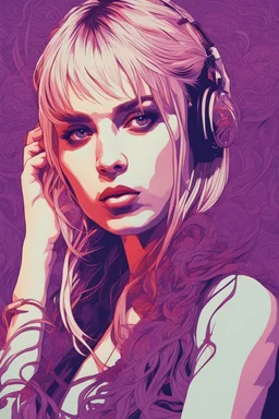 singer Danish MØ face, hyperdetailed, intricately detailed, illustration by <kilian eng>, purple tones, darkred tones,