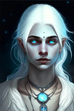 hauntingly beautiful character for dnd, young woman with white hair and blue eyes, angel, with moon necklace, fangs visible