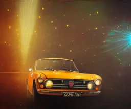 fiat 125p, city. high speed. bokeh. lens flare. warm lights. high detailed. oil on canvas