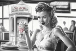 50-v5.2 prompt 26: Using the Grisaille technique, create a vintage Pin-up Girl in a classic 1950's diner setting. elegantly sipping a milkshake with an iconic jukebox in the background. -ar 16:9 -s 50. -v