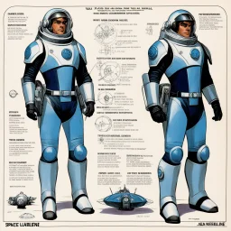 character concept sheet with AD&D statistics and characteristics for the TTPRG "Valerian and Laureline", [illustration by Jean-Claude Mézières (1967)] spacio-temporal agent Kael Dravan (male human), in spacesuit, ready to drive a spaceship