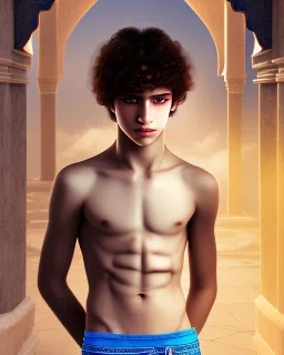 beautiful 12 year old arabic boy with long, curly hair and light blue eyes,shirtless, in front of a temple