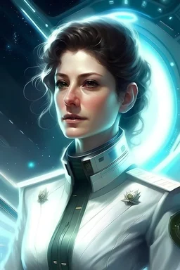 Elisa Pascalis très belle femme galactique de lumière, commandant chef flotte vaisseau blanc trèslumineux. Arcange Combinaison blanche lumineuse, Archange galactique très féminine