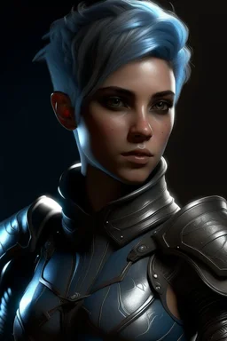 create a female air genasi from dungeons and dragons, dark gray short hair, light blue eyes, wind like hair, wearing hot leather clothing that also looks studded, realistic, from waist up, digital art, high resolution, strong lighting