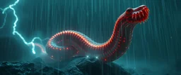 horrible space slinky boa slug in the style of giger, in fog and spectacular spark rain