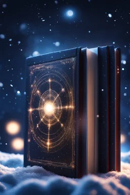 book cover illustration, snowfall in the background, bright night, in front of space portal dimensional glittering device, bokeh like f/0.8, tilt-shift lens 8k, high detail, smooth render, down-light, unreal engine, prize winning