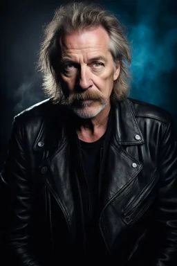 facial portrait, Head to waist image, chubby 59-year-old Scott Kendall wearing a black leather biker's jacket, black t-shirt, with (long, messy, blonde hair:1.3), mustache, goatee, bright, cobalt blue eyes, digital photograph, dark stained wall with fog in the background extremely colorful, foggy in the foreground, multicolored lightning and outer space in the background, professional quality digital photograph, ultra details, extremely sharp focus, the background of the image is a dark and tene