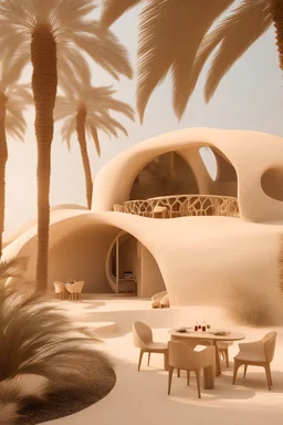 A house-shaped café made of organic simplicity, Al-Ahsa, Saudi Arabia, pieces inspired by Al-Ahsa plaster carvings, palm trees, captivating landscapes