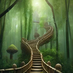 photo of intricate, realistic bamboo forest with wooden walkway leads to nowhere, 8k, high-quality, ultrafine-detail, intricate, detailed matte, digital painting, artwork, brian froud, howard lyon, selina french, anna dittmann, annie stokes, Greg Rutowski