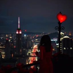 a romantic city view at night, red vibes