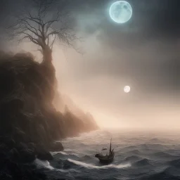 shore, dark, fog, moon, stormy, ethernal, mermaid,