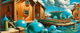 A turquoise boatyard with bubbles painted by Thomas Hart Benton
