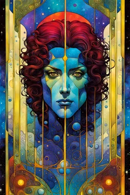 Create a chaotic abstract cubist Tarot Card depicting The Page of Swords , with highly detailed facial features, in the style of Bill Sienkiewicz, Philippe Druillet, Gustav Klimt, and Jean Giraud Moebius, precisely drawn, colored and inked, with ornate bordered edges