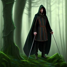 Male, Dark hair, Digital Art, Bow in hand, Hooded Cloak, Dark Forrest background