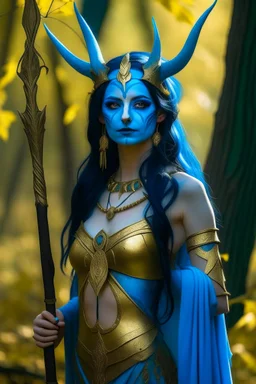 A picture of a beautiful blue faced indian goddess with skin painted blue, blue painted body, blue painted torso, wild black hair, stag antlers, elven ears, golden skirt, holding a staff in a sunny forrest