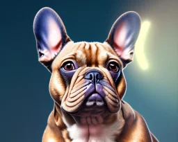 a detailed illustration of a french bulldog, phoenix bird wallpaper, luminescent body, full body, symmetrical body, realistic, glowing muscles, sharp focus, meticulously detailed, soft evening sky, 64k