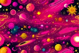 A magenta outer space with planets and shooting stars designed in Mehndi design painted by Georges Seurat