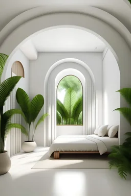 Ultra realistic photo of Modern take on upscale bali inspired small condo white cream stone, light wwoodl round arches interor view of bedroom withtropical foliage