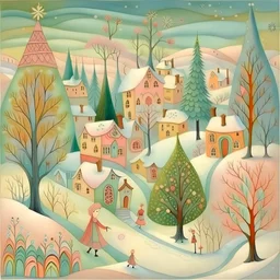 Naive art, beautiful Christmas scenery, mixed media, soft muted colors