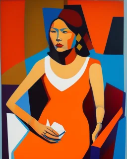 painting of a tired woman sitting on a chair, cubist vibe, sleeveless, oilpaint, variations around female, scarlet and orange blast color dynamics, 1970s philippines, family portrait,centre composition, viet aspect