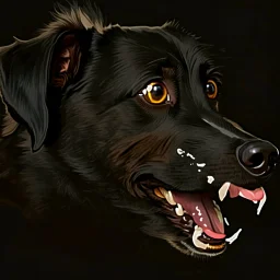 illustration of a black terrier on black background, yellow eyes