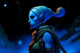 a blue twi'lek from the Star Wars setting with a lekku on left and right side of her head, in tattered clothing from behind, looking up at the night sky at the Star Wars entity abeloth, as she descends from the sky, a swirling blue portal behind her far away in the sky