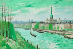 A mint colored noisy metropolis painted by Alfred Sisley