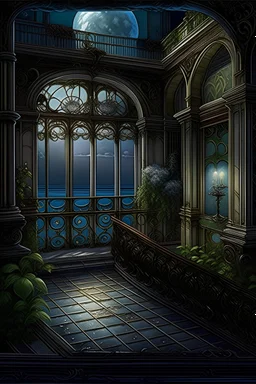 the balcony of the palace, moonlight, beautiful flowers, the surface of the water under the balcony like a mirror, mega-detailed drawing of small fine details, photorealistic drawing with colored pencil + pastel, ink, bright, botanical, fantasy, medieval atmosphere, cinematic, Art Nouveau, the camera is aimed at the object