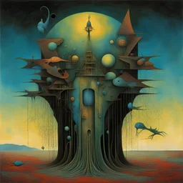 Divorced from reality and bound for nonsense, physics vs metaphysical, Wassily Kandinsky and Sidney Nolan and Zdzislaw Beksinski deliver a dark surreal masterpiece, weird colors, sinister, creepy, sharp focus, dark shines, asymmetric,