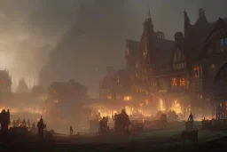 medieval fantasy poor village, rainy, stormy, dark, market, tavern, dirt path, lightning, misty, adventurers