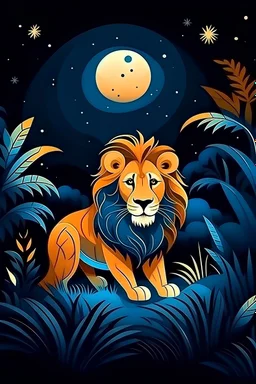 un leon en la selva oscura con un cielo lleno de estrellas