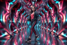 beautiful lady with todays modern clothing and sport shoes, in surreal stage made of 3d fractal random size recursive objects with helical strip colors in clothing similar to environment full body dancing to camera,animating background metallic random color and size recursive objects